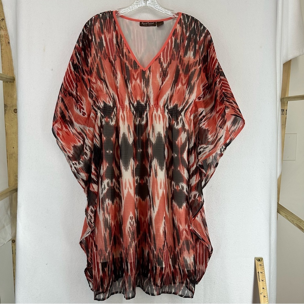 Speed Central Poncho Chiffon Sheer‎ Top Double Layer Abstract Blouse Small Coral